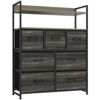 HOMCOM Chest of Drawers, Bedroom Fabric Dresser with 7 Drawers, Storage Organiser Unit with Open Shelves, Grey Wood-Effect