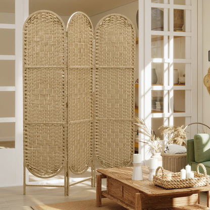 HOMCOM Indoor Oval 3-Panel Room Divider 120 x 170 cm Folding Lightweight Woven Partition, Natural Wood