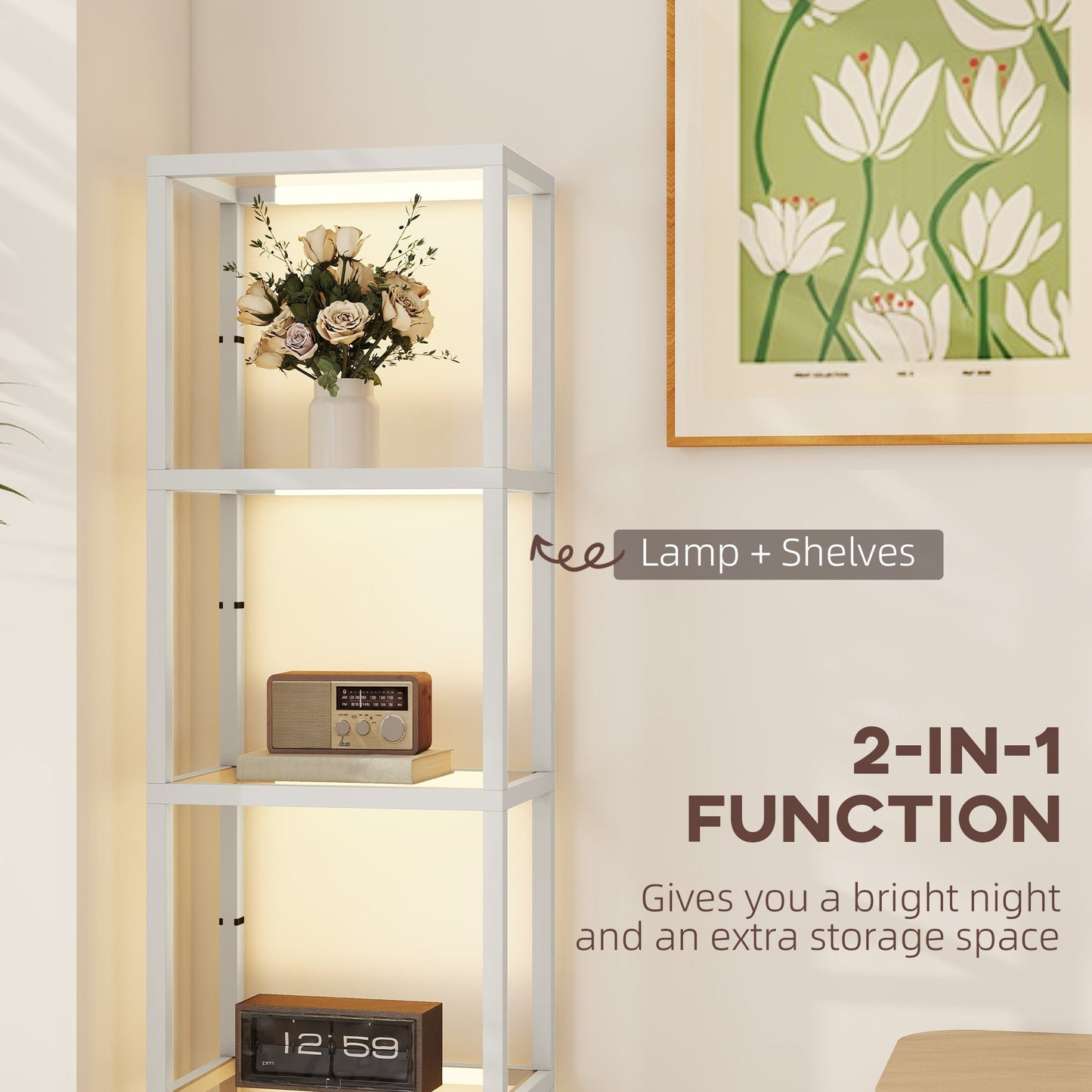 HOMCOM LED Floor Lamp with Glass Shelves, 4 Layers Dimmable Tall Standing Lamp, Modern Column Shelf Floor Light for Living Room, Bedroom, Office, Grey