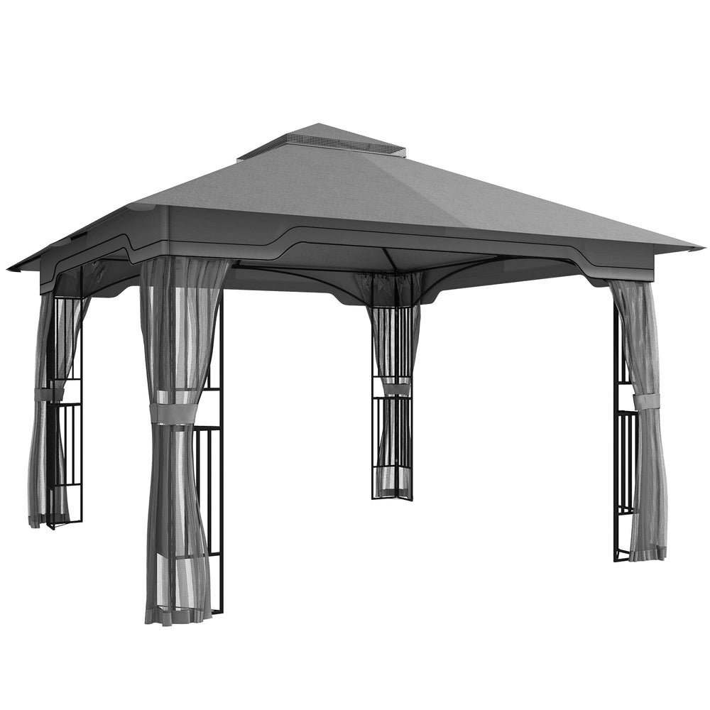 Outsunny 3.3 x 3.3 m Outdoor Garden Gazebo with Post Shelves, UPF50+ Patio Permanent Pavilion with Hook, Dark Grey