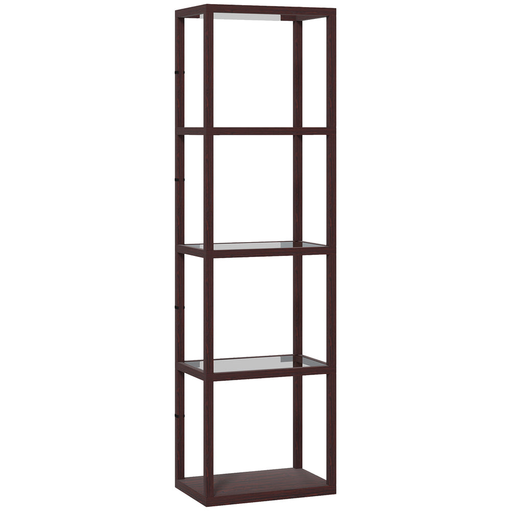 HOMCOM LED Floor Lamp with Glass Shelves, 4 Layers Dimmable Tall Standing Lamp, Modern Column Shelf Floor Light for Living Room, Bedroom, Office, Dark Brown