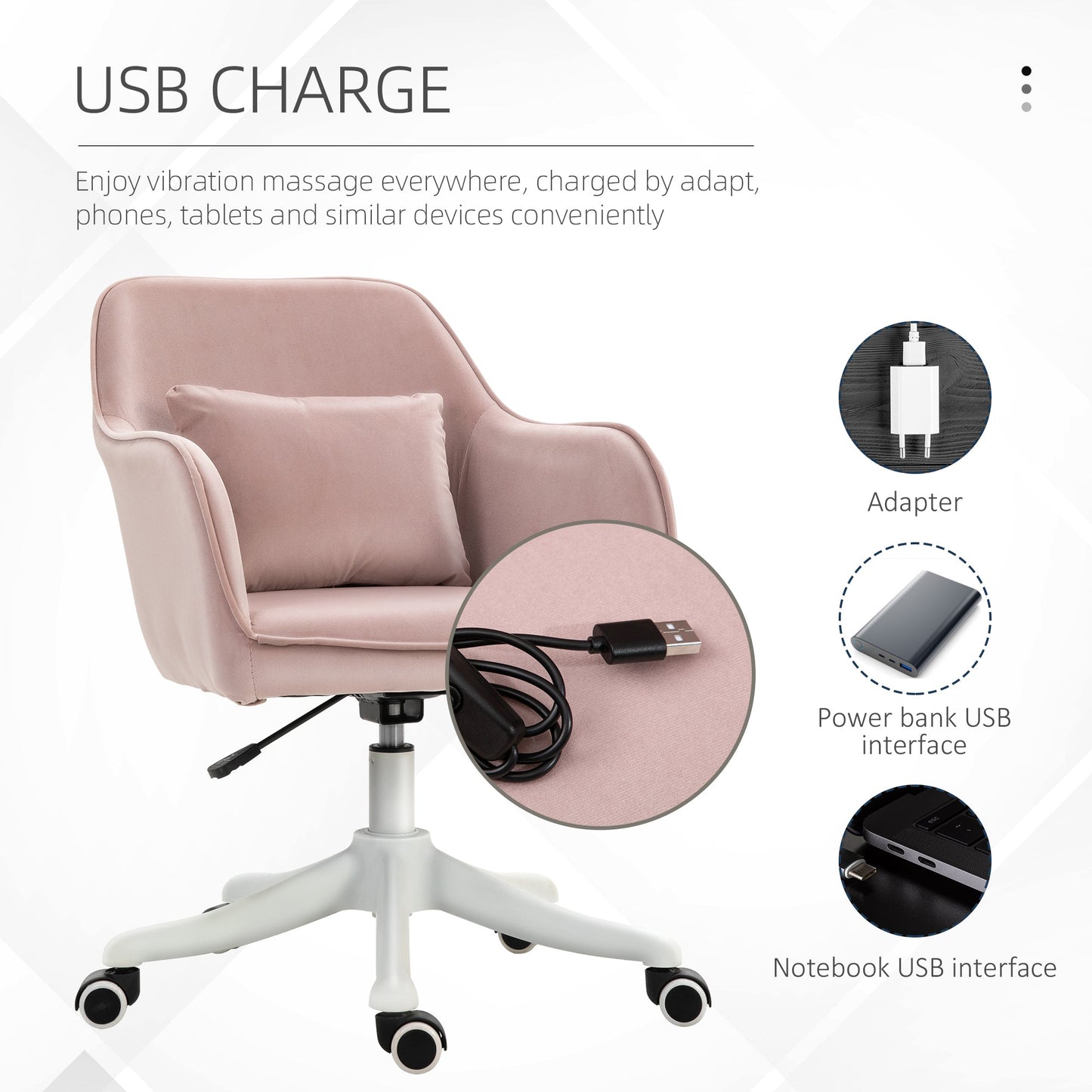 Vinsetto Velvet Style Office Chair with Rechargeable Electric Vibration Massage Lumbar Pillow, Wheels, Pink