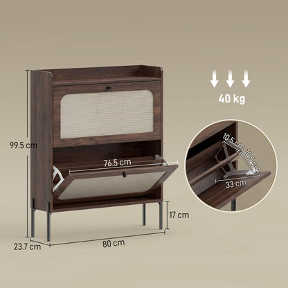 HOMCOM Shoe Cabinet with 2 Flip Drawers, Boho Narrow Shoe Storage Cabinet, Dark Brown
