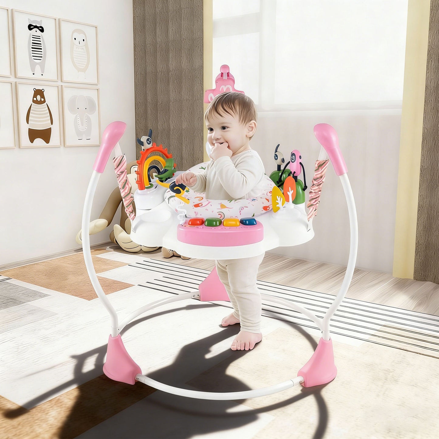 Baby Activity Center Baby Jumper and Bouncer with 6 Interactive Toys for Babies Age 6 Months +-Light Pink