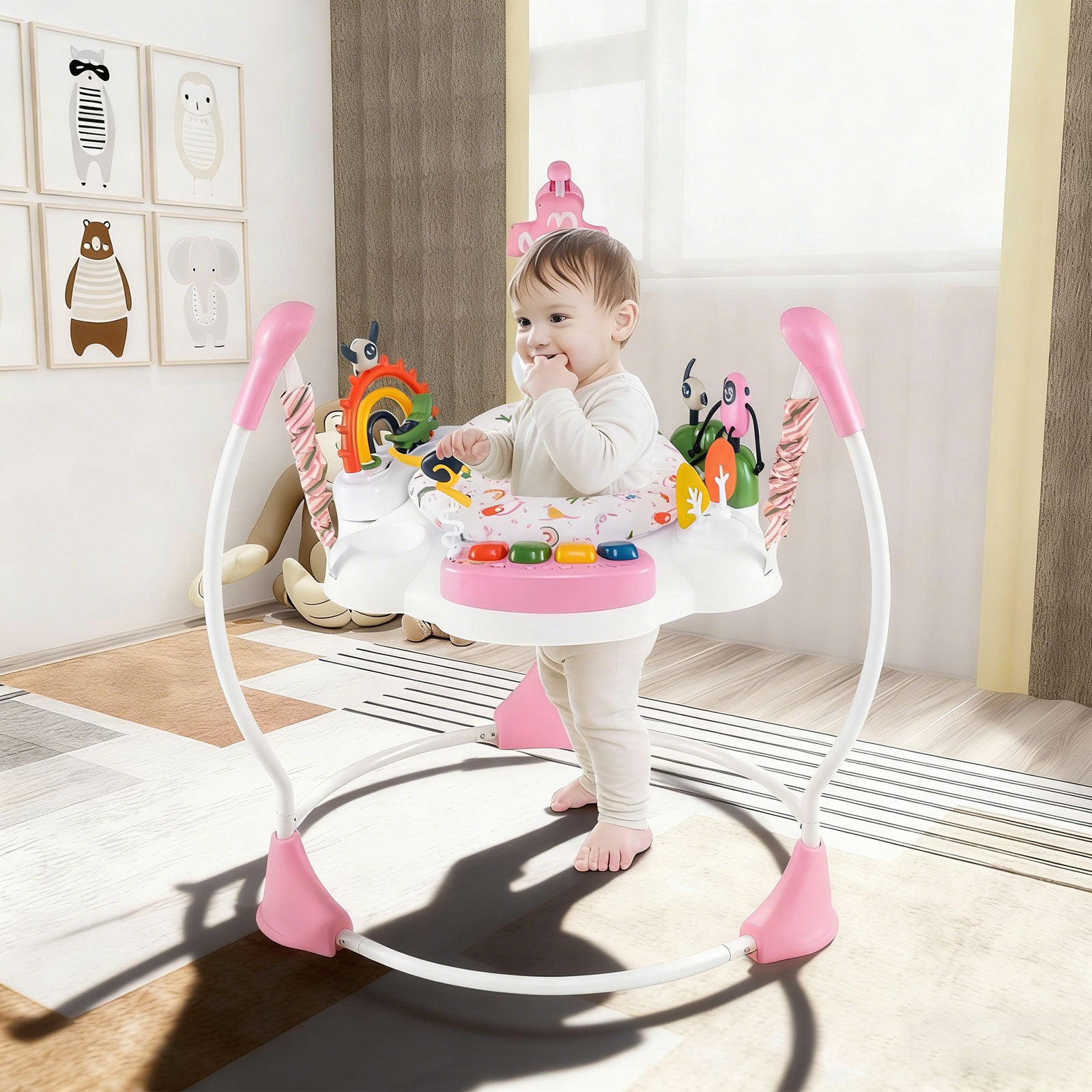 Baby Activity Center Baby Jumper and Bouncer with 6 Interactive Toys for Babies Age 6 Months +-Light Pink