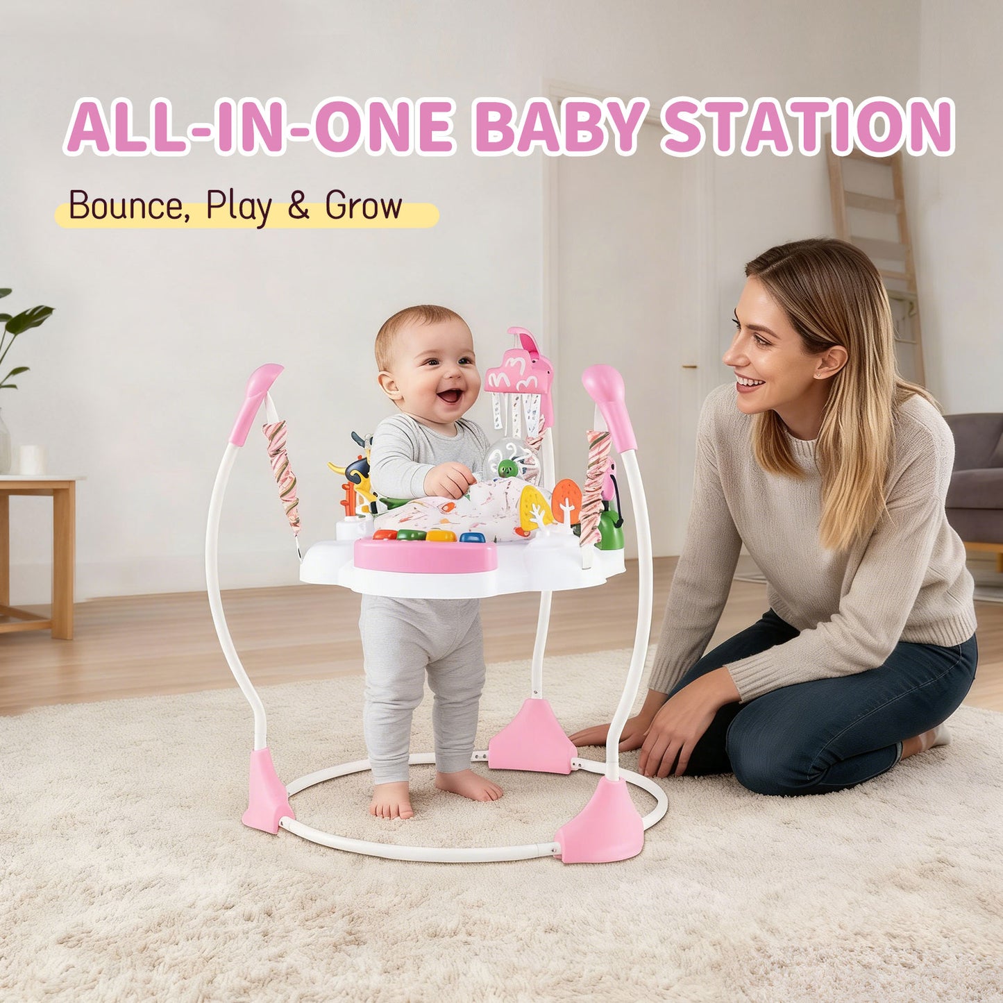 Baby Activity Center Baby Jumper and Bouncer with 6 Interactive Toys for Babies Age 6 Months +-Light Pink