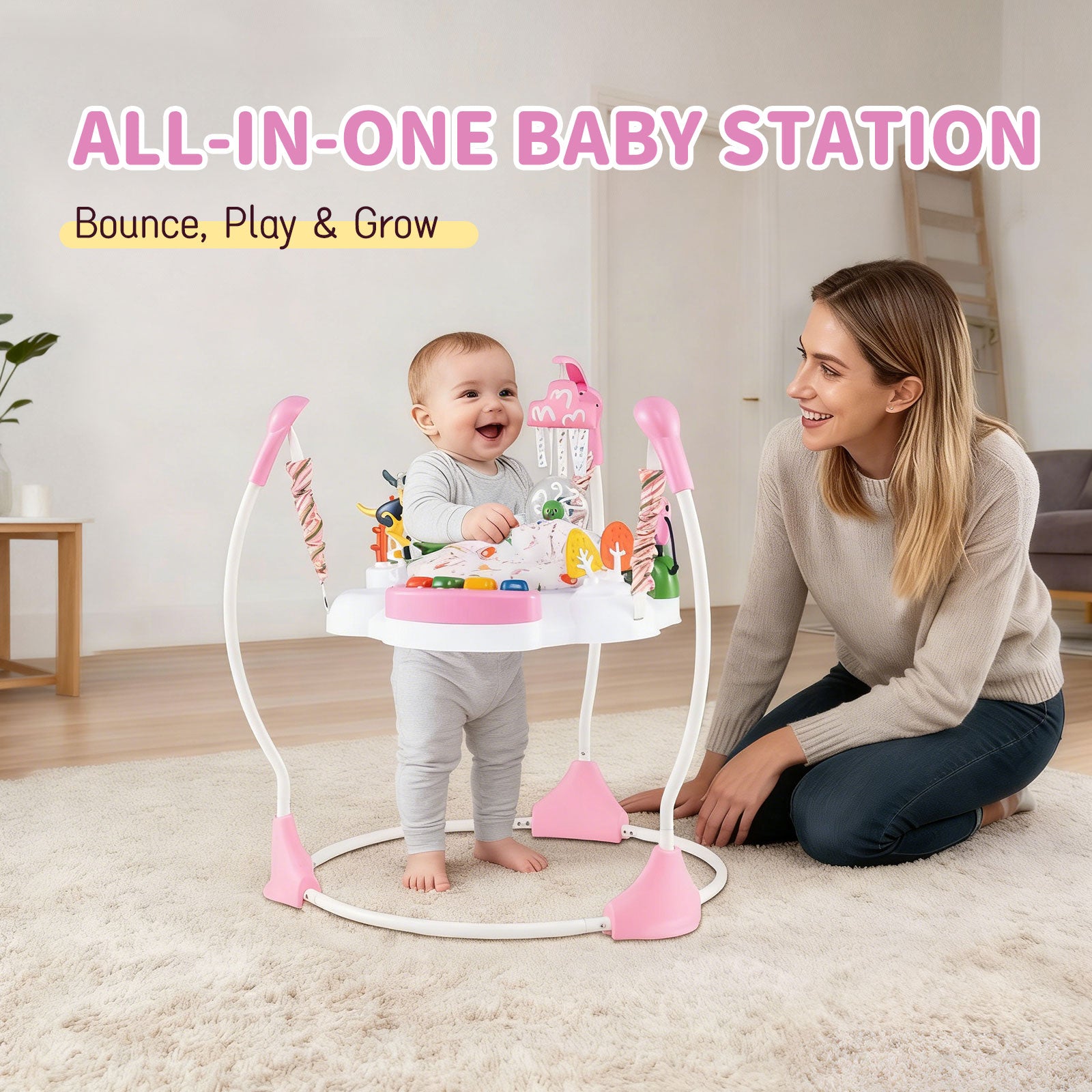Baby Activity Center Baby Jumper and Bouncer with 6 Interactive Toys for Babies Age 6 Months +-Light Pink