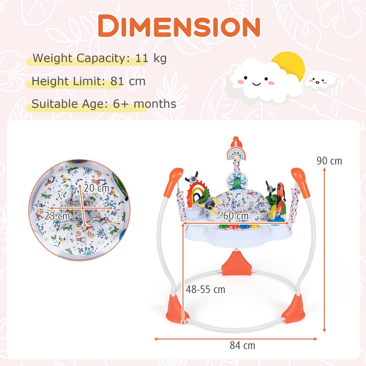 Baby Activity Center Baby Jumper and Bouncer with 6 Interactive Toys for Babies Age 6 Months +-Orange