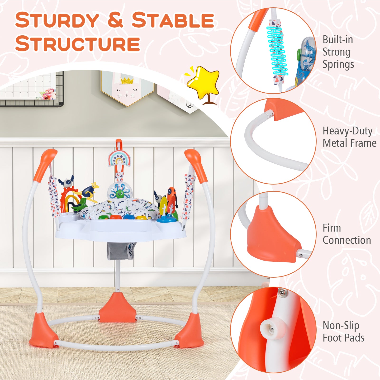 Baby Activity Center Baby Jumper and Bouncer with 6 Interactive Toys for Babies Age 6 Months +-Orange