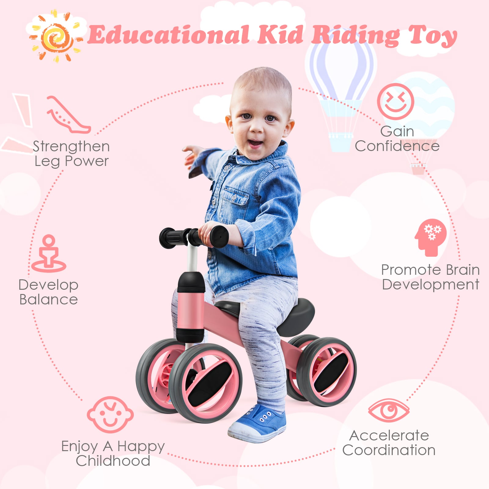Baby Balance Bike with 4 Wheels and Limited Steering-Pink