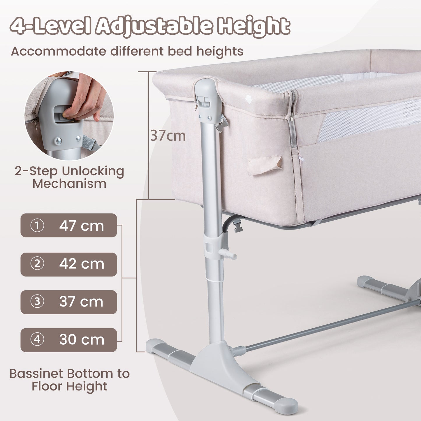 Baby Bassinet Crib Bedside Sleeper with Adjustable Height-Beige
