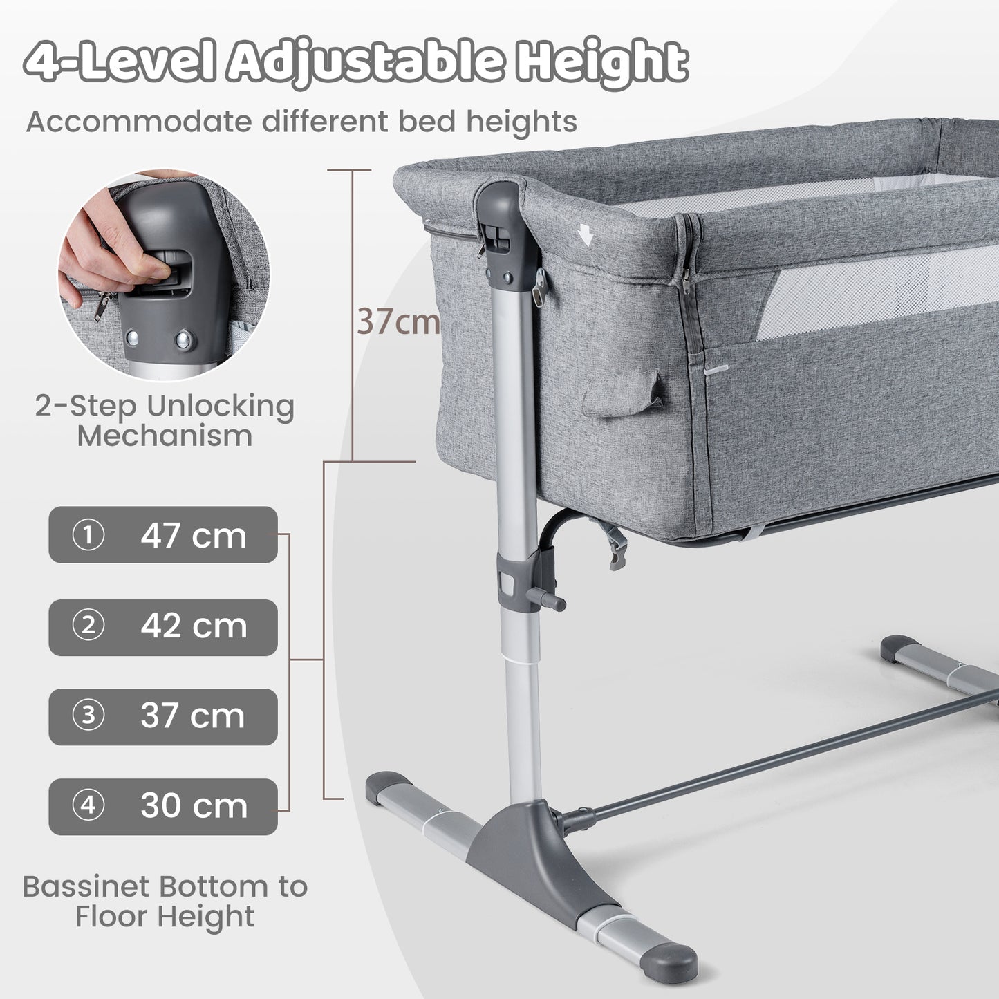 Baby Bassinet Crib Bedside Sleeper with Adjustable Height-Grey