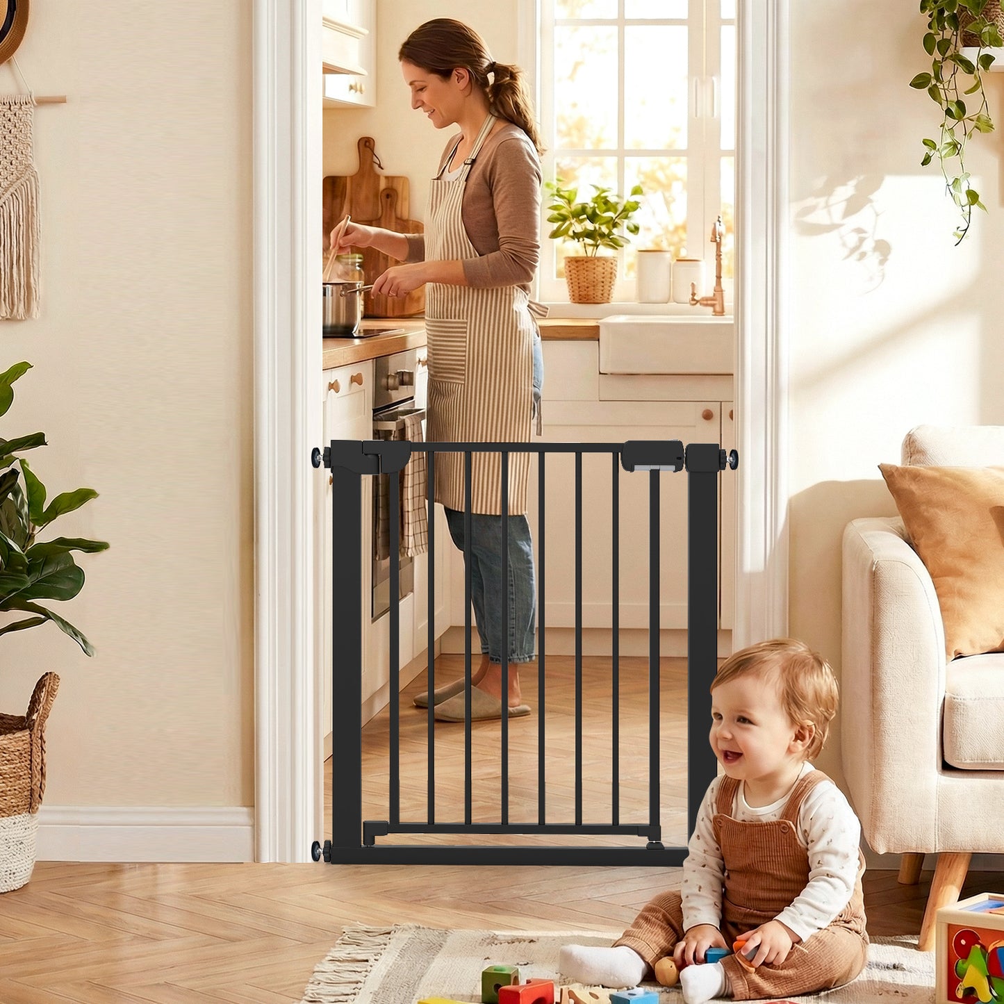 Baby Gate for Stairs Pressure Mounted Auto-Close Door Gate-Black