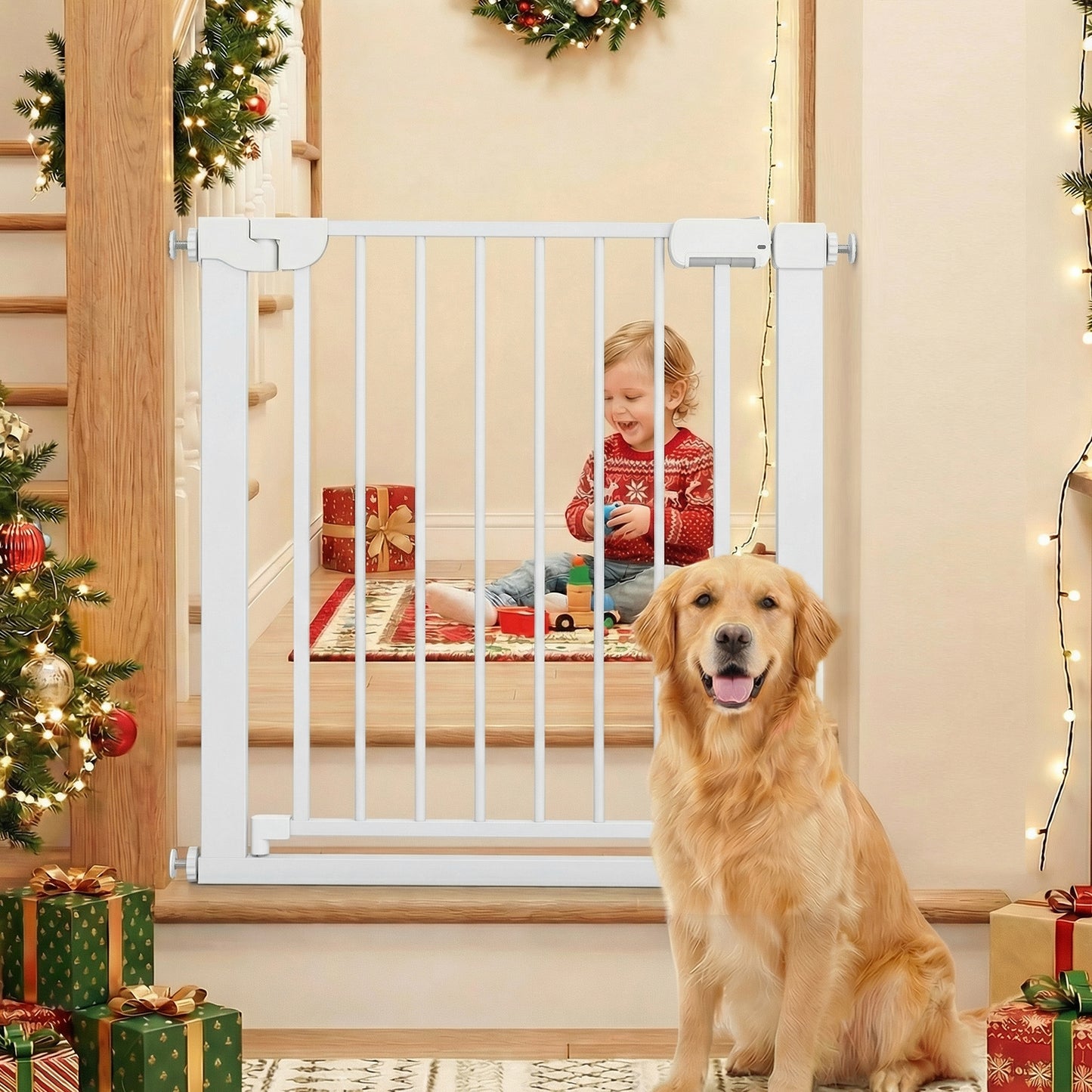 Baby Gate for Stairs Pressure Mounted Auto-Close Door Gate-White