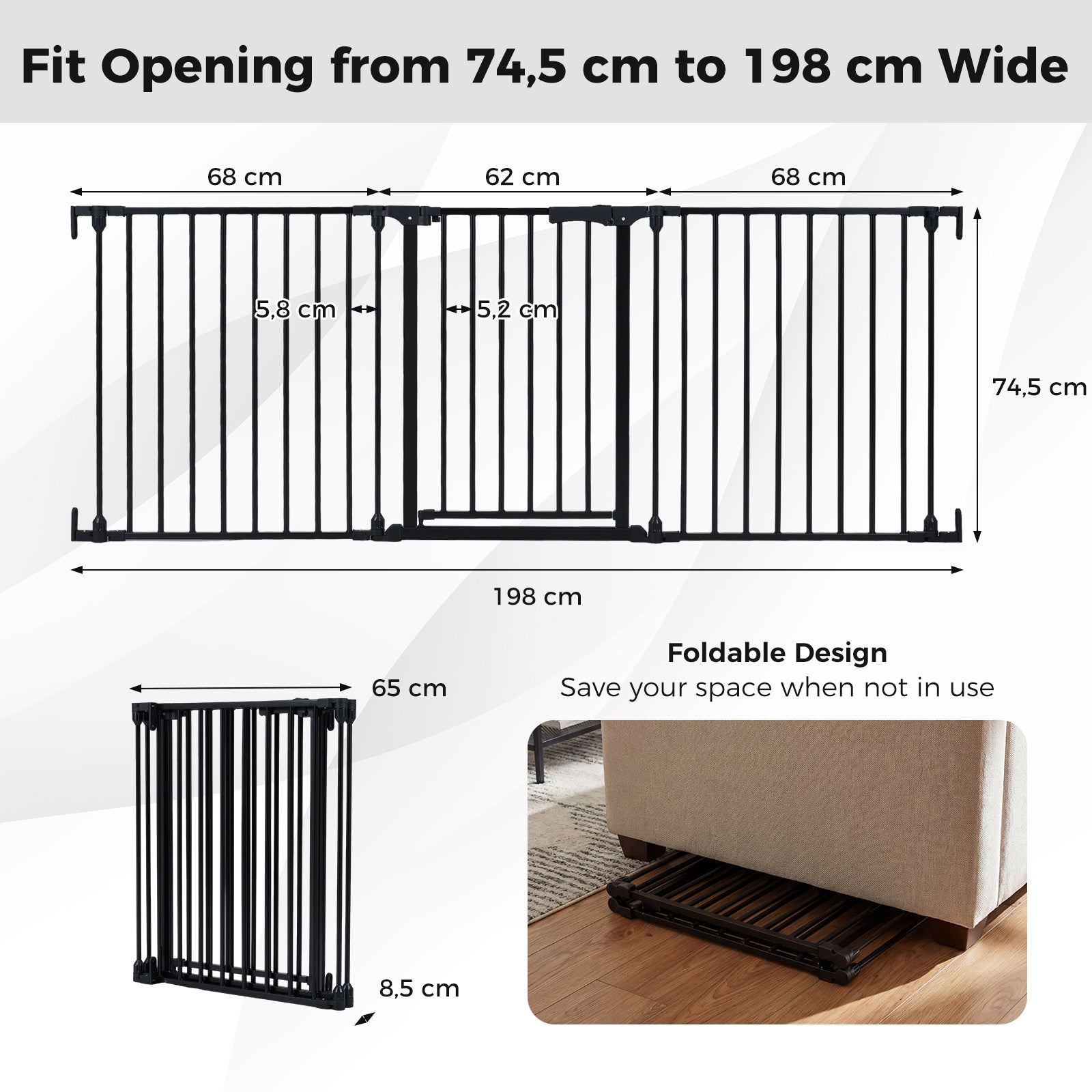 Baby Gate for Stairs Doorways 3-Panel Hardware-Mounted Safety Pet Gate-Black