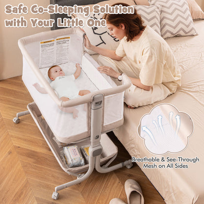 Baby Bassinet Bedside Sleeper with 6-Level Adjustable Height and Storage Shelf-Beige