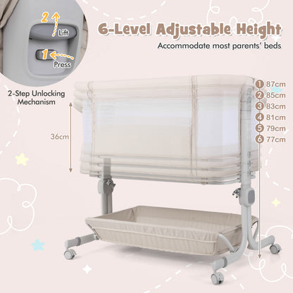 Baby Bassinet Bedside Sleeper with 6-Level Adjustable Height and Storage Shelf-Beige