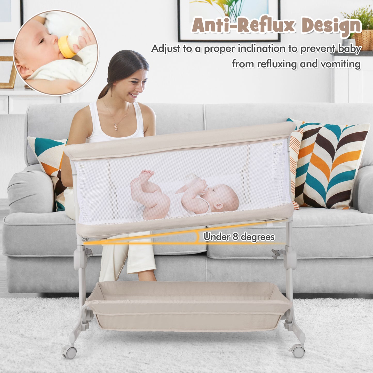 Baby Bassinet Bedside Sleeper with 6-Level Adjustable Height and Storage Shelf-Beige