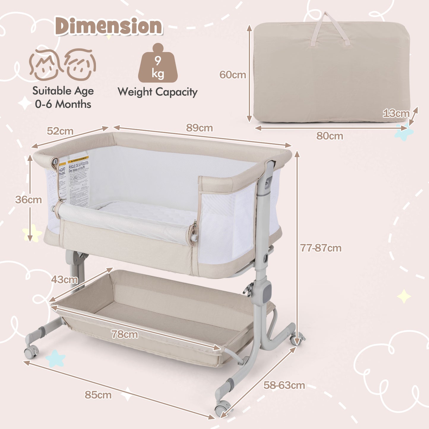 Baby Bassinet Bedside Sleeper with 6-Level Adjustable Height and Storage Shelf-Beige