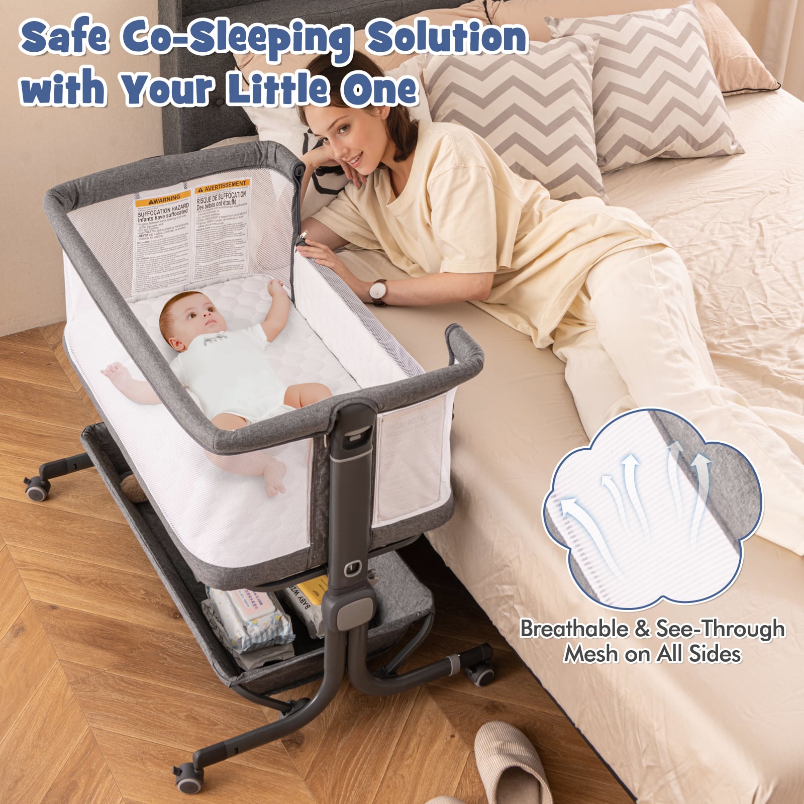 Baby Bassinet Bedside Sleeper with 6-Level Adjustable Height and Storage Shelf-Dark Grey