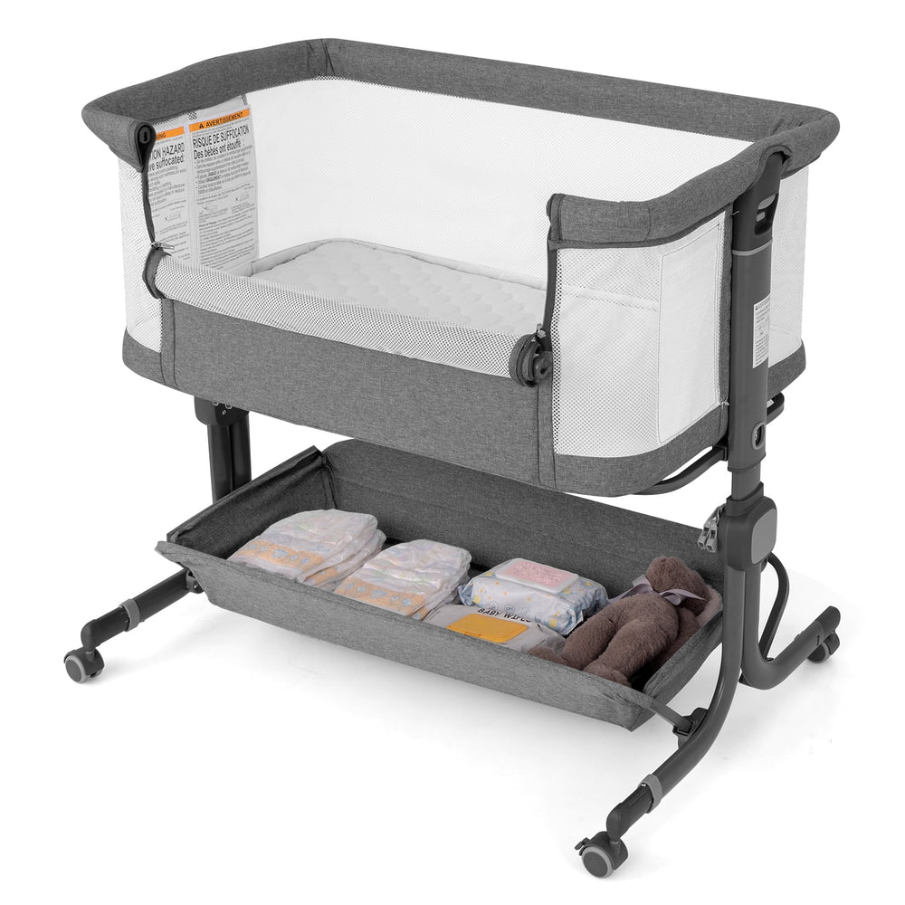 Baby Bassinet Bedside Sleeper with 6-Level Adjustable Height and Storage Shelf-Grey