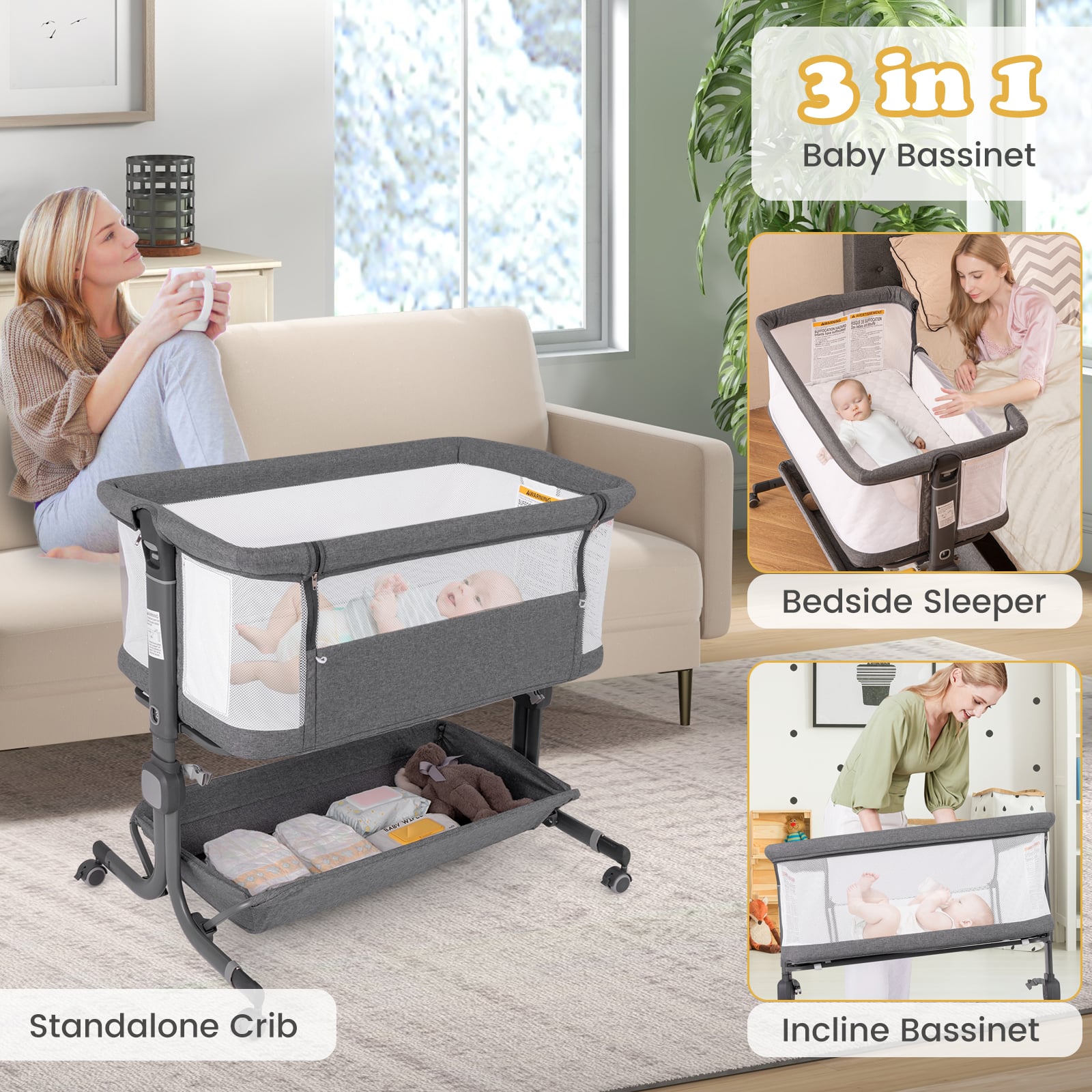 Baby Bassinet Bedside Sleeper with 6-Level Adjustable Height and Storage Shelf-Grey