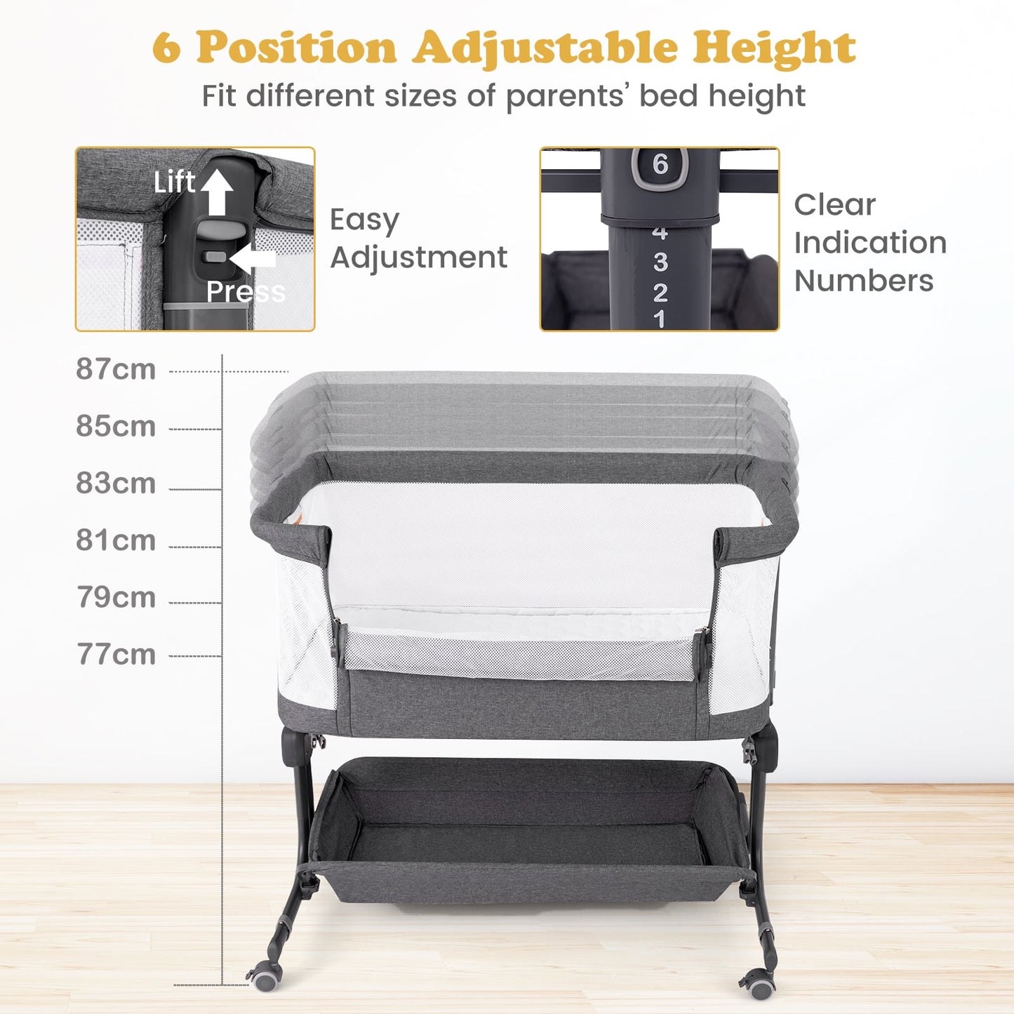 Baby Bassinet Bedside Sleeper with 6-Level Adjustable Height and Storage Shelf-Grey