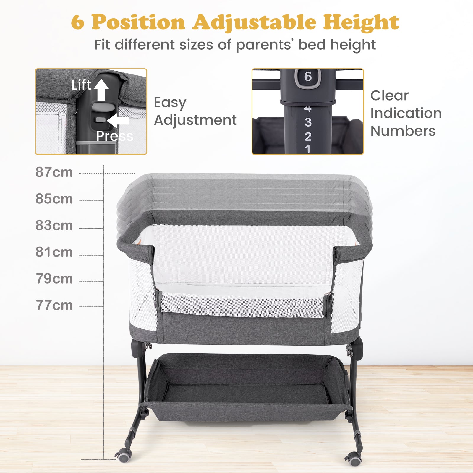 Baby Bassinet Bedside Sleeper with 6-Level Adjustable Height and Storage Shelf-Grey