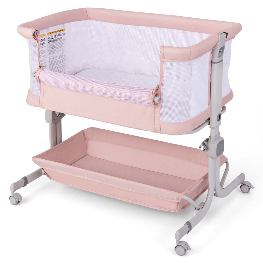 Baby Bassinet Bedside Sleeper with 6-Level Adjustable Height and Storage Shelf-Pink