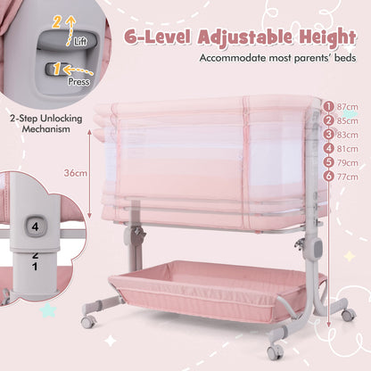 Baby Bassinet Bedside Sleeper with 6-Level Adjustable Height and Storage Shelf-Pink