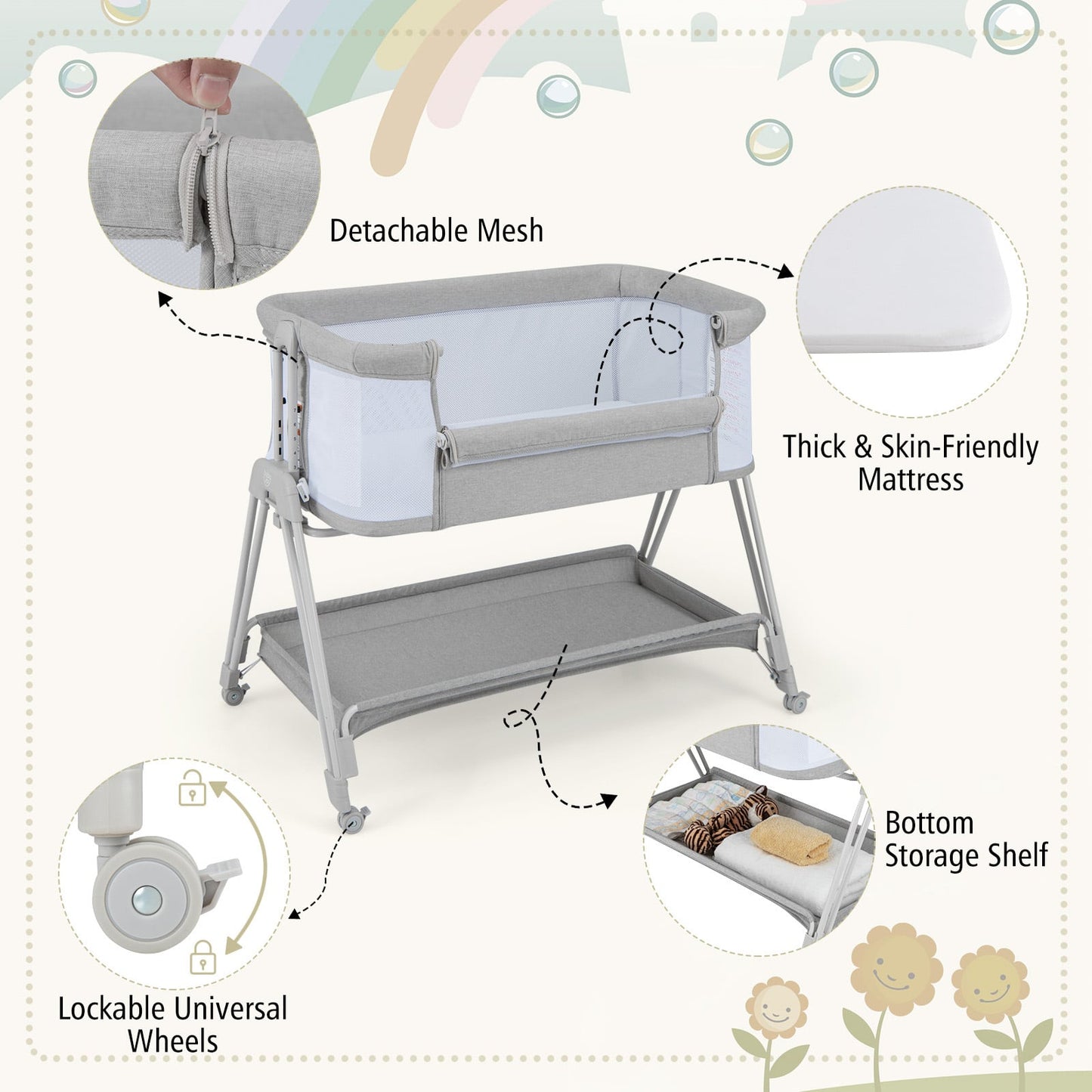 Baby Bedside Crib with Mattress for Birth to 9kg-Light Grey