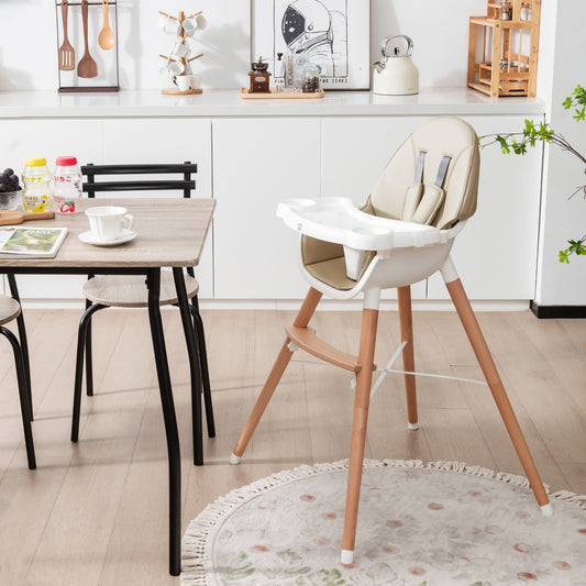 Baby High Chair with Double 4-Gear Tray and 5 Point Harness-Beige