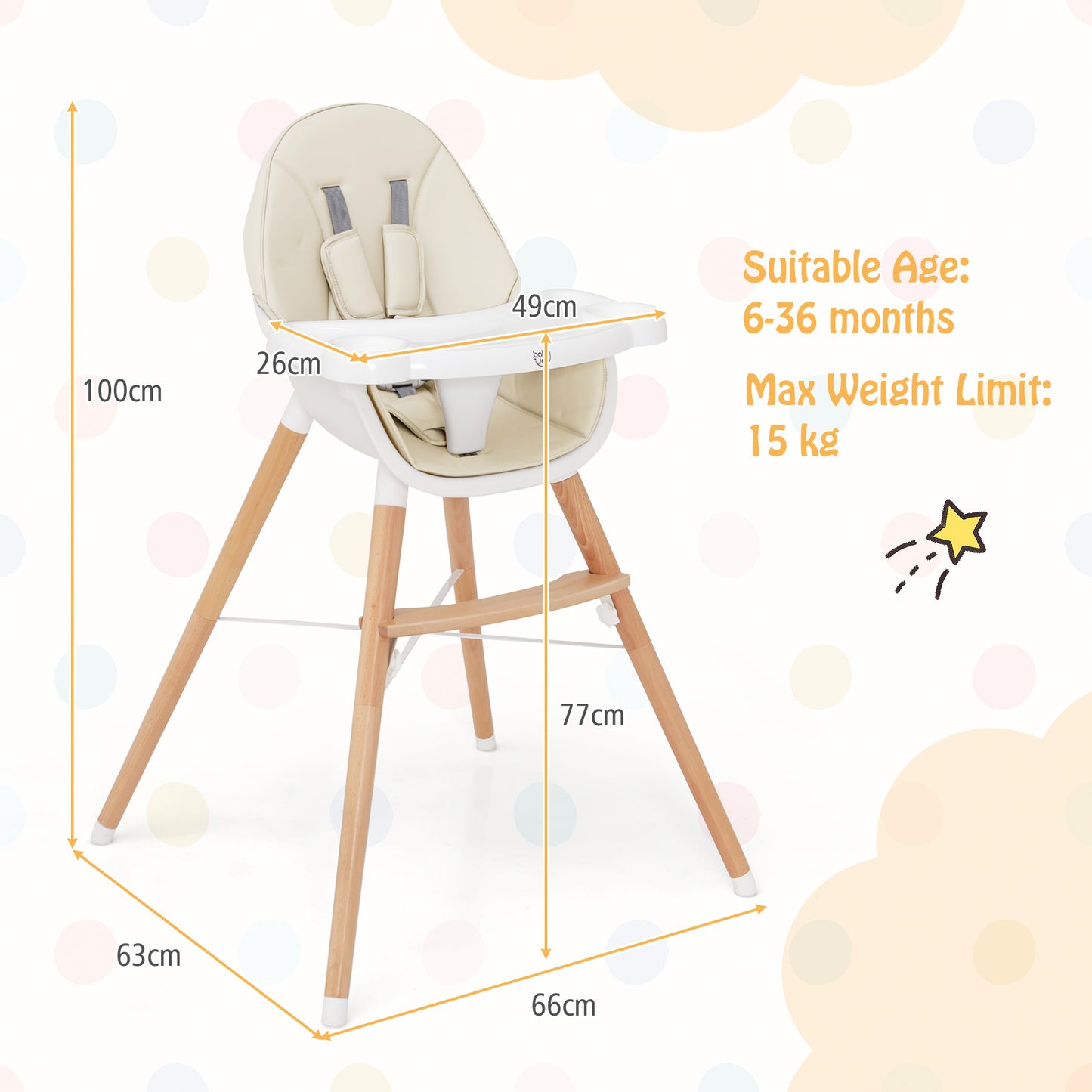 Baby High Chair with Double 4-Gear Tray and 5 Point Harness-Beige