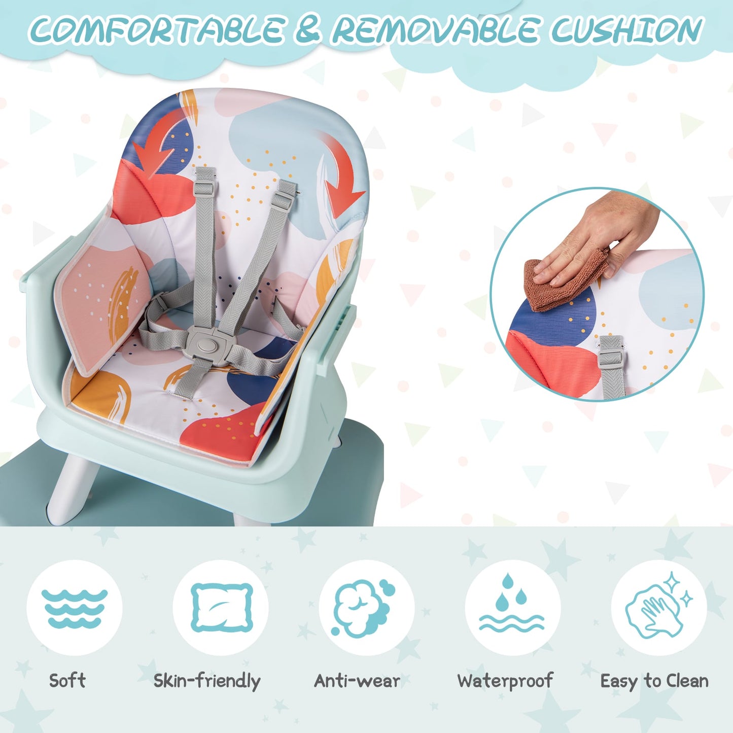 6-in-1 Baby High Chair with 5-Point Harness and Removable Tray-Colourful