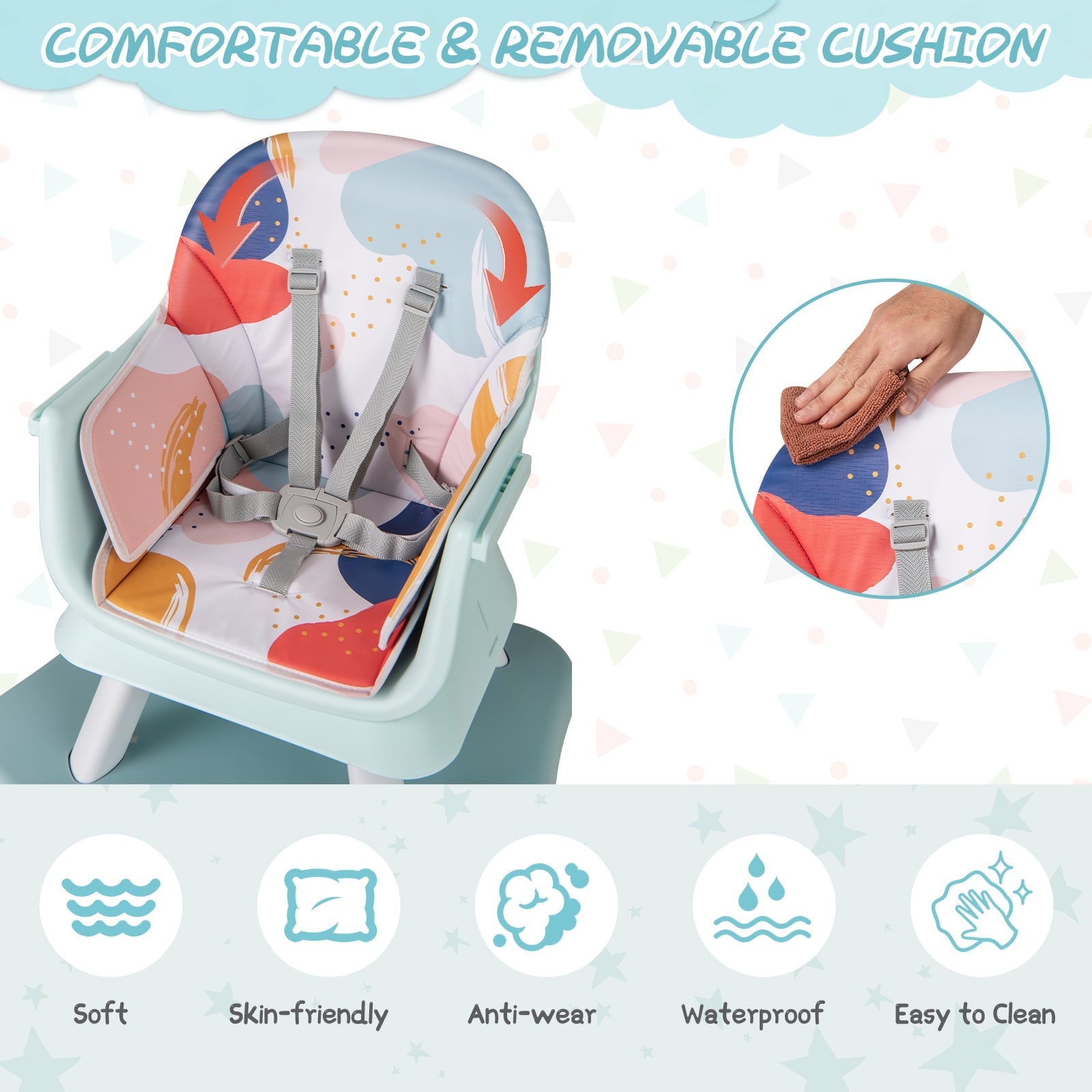 6-in-1 Baby High Chair with 5-Point Harness and Removable Tray-Colourful