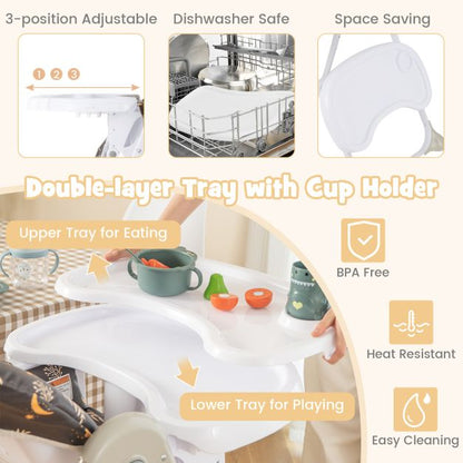 Baby Foldable Convertible High Chair with Adjustable Height Recline-Black