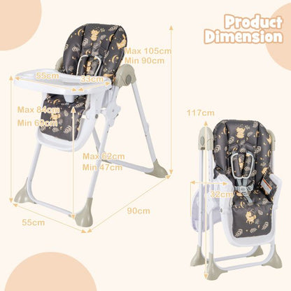 Baby Foldable Convertible High Chair with Adjustable Height Recline-Black
