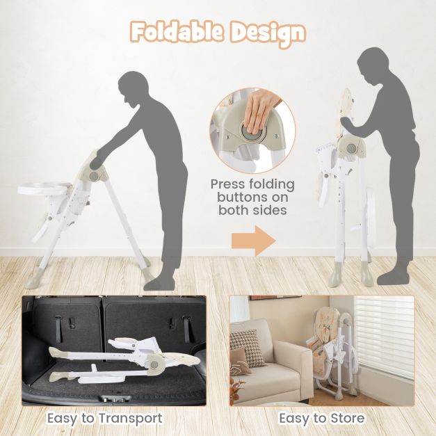 Baby Foldable Convertible High Chair with Adjustable Height Recline-Orange