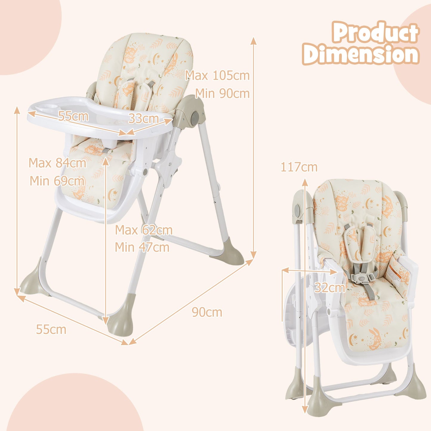 Baby Highchair with Removable Tray for 6-36 Months-Orange
