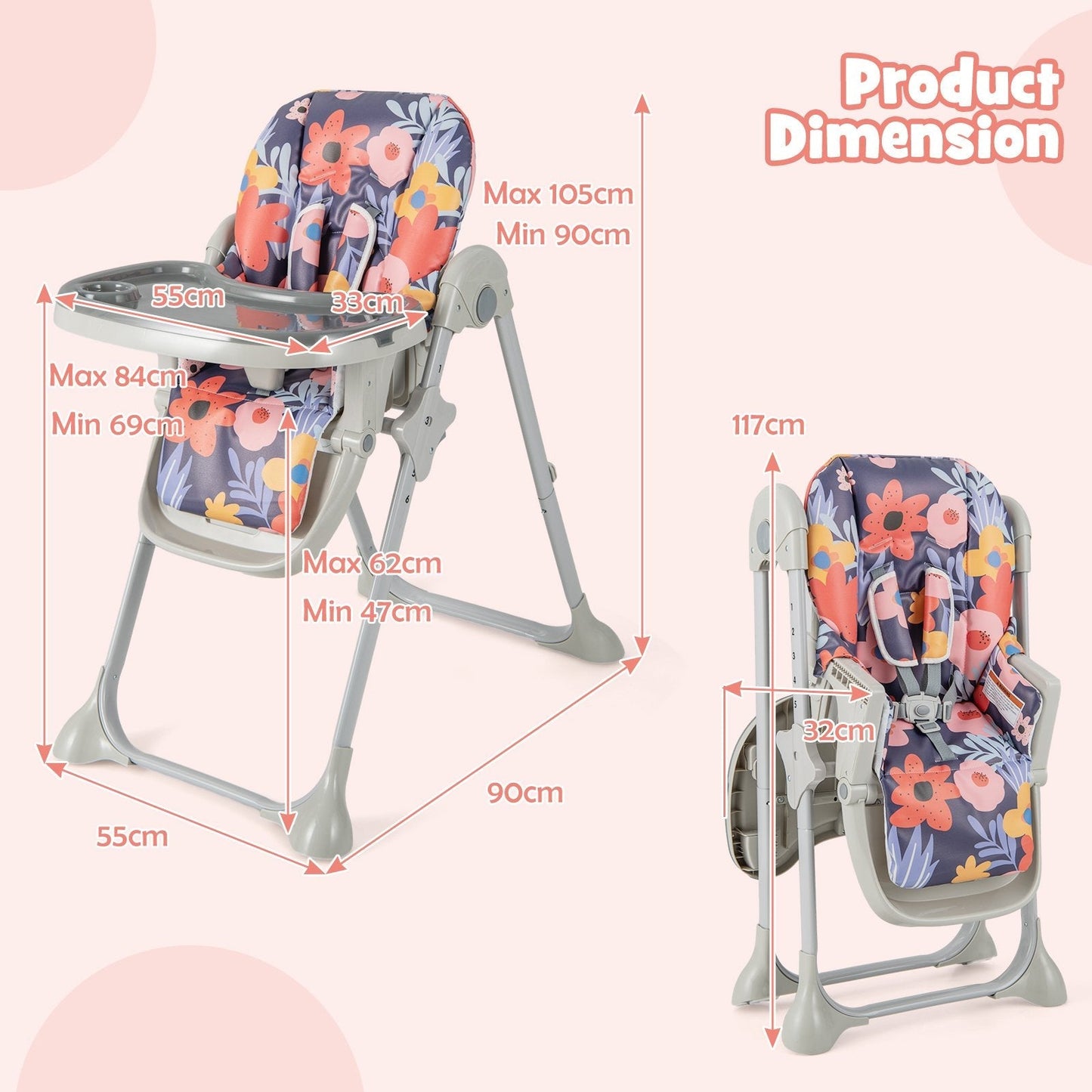 Baby Highchair with Removable Tray for 6-36 Months-Multicolor