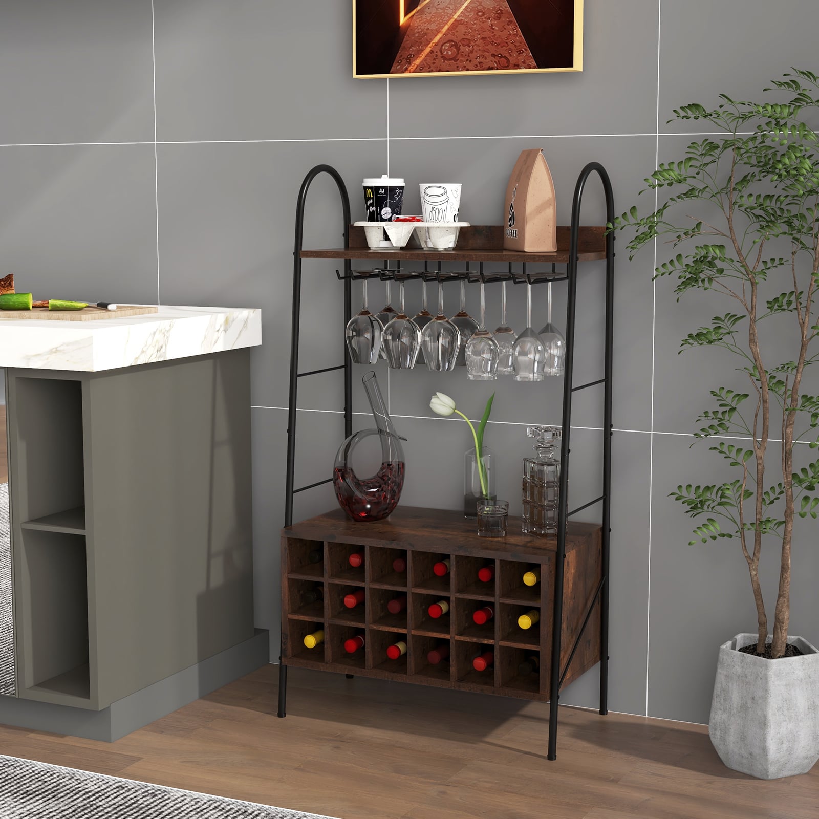 Baker’s Rack with Detachable Wine Rack and 5 Rows of Stemware Holder-Rustic Brown