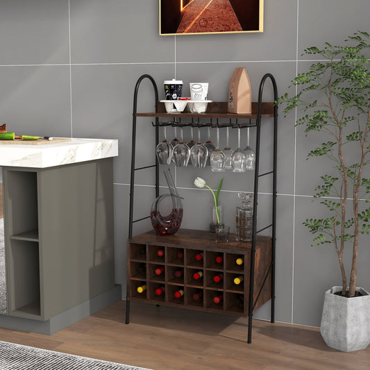 Baker’s Rack with Detachable Wine Rack and 5 Rows of Stemware Holder-Rustic Brown