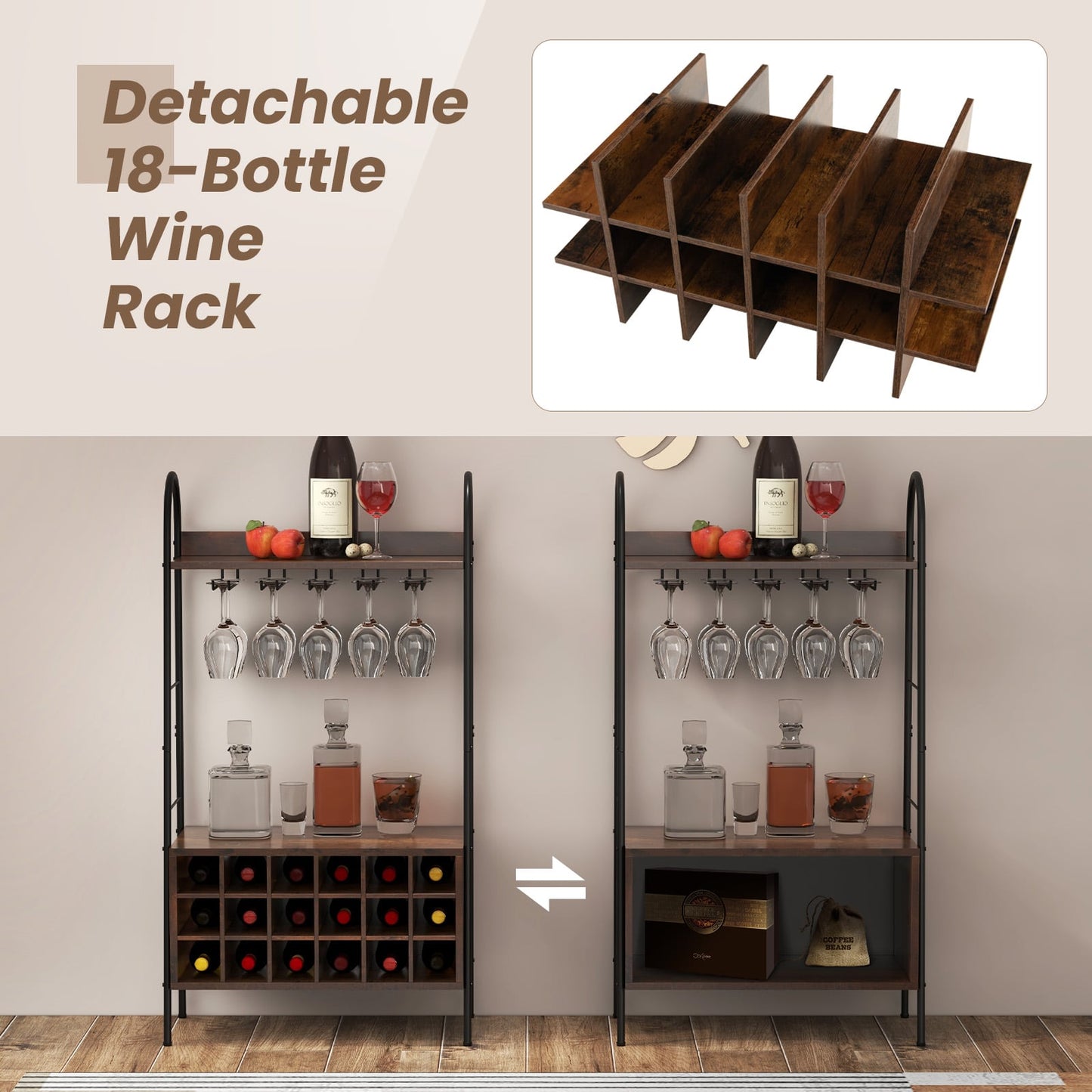 Baker’s Rack with Detachable Wine Rack and 5 Rows of Stemware Holder-Rustic Brown