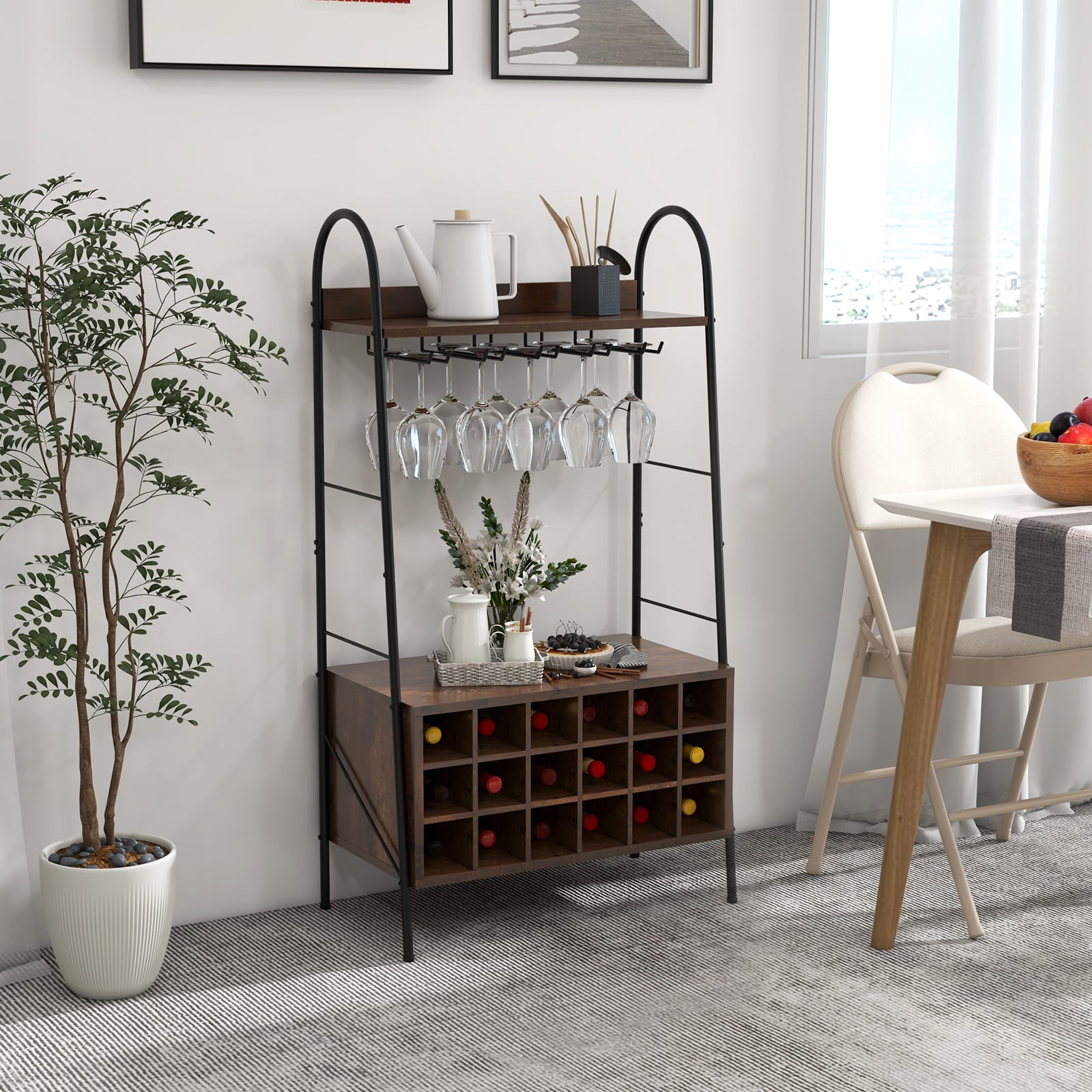 Baker’s Rack with Detachable Wine Rack and 5 Rows of Stemware Holder-Rustic Brown