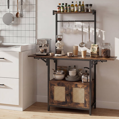 Bakers Rack with Power Outlets and Microwave Stand Drop Leaf-Rusticbrown