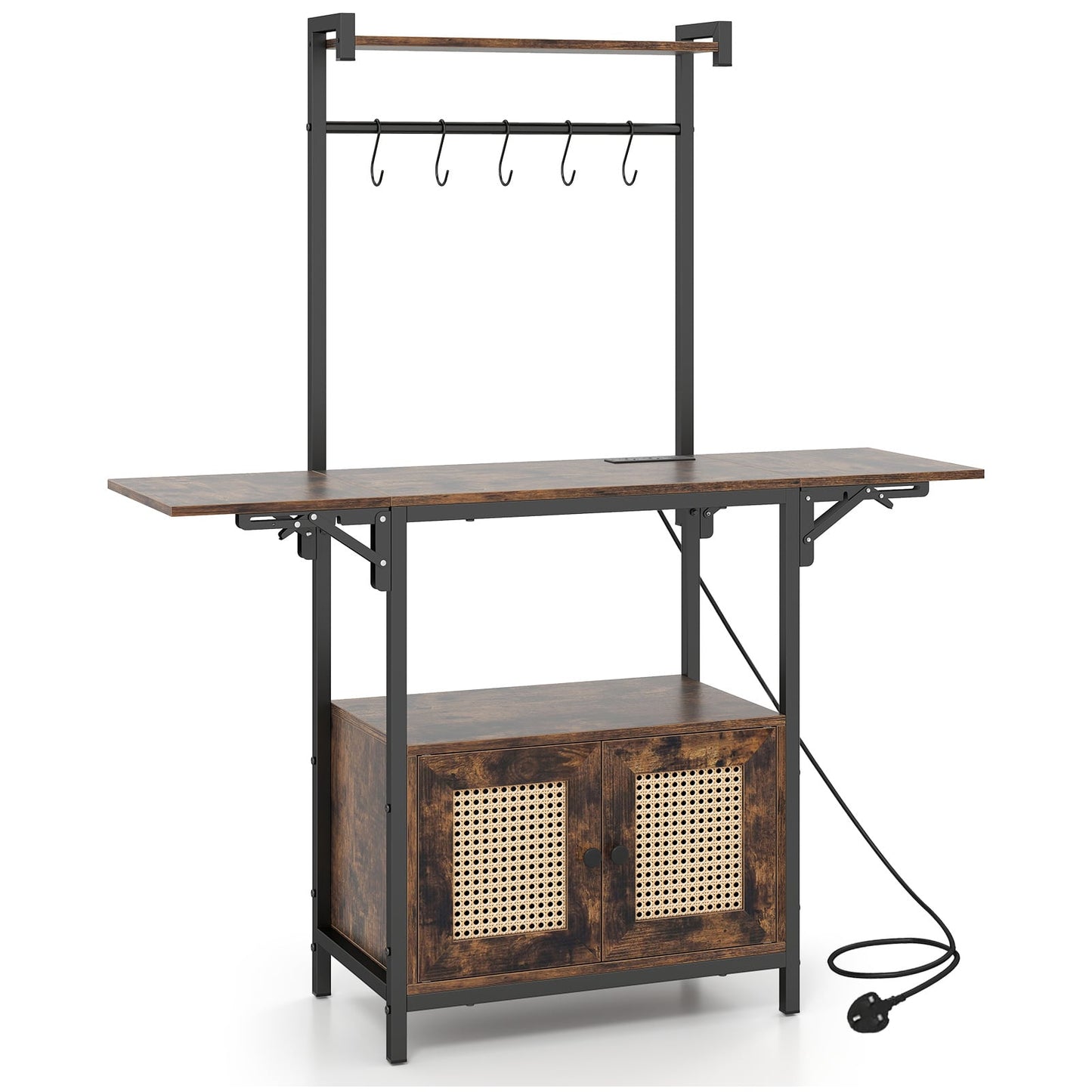 Bakers Rack with Power Outlets and Microwave Stand Drop Leaf-Rusticbrown