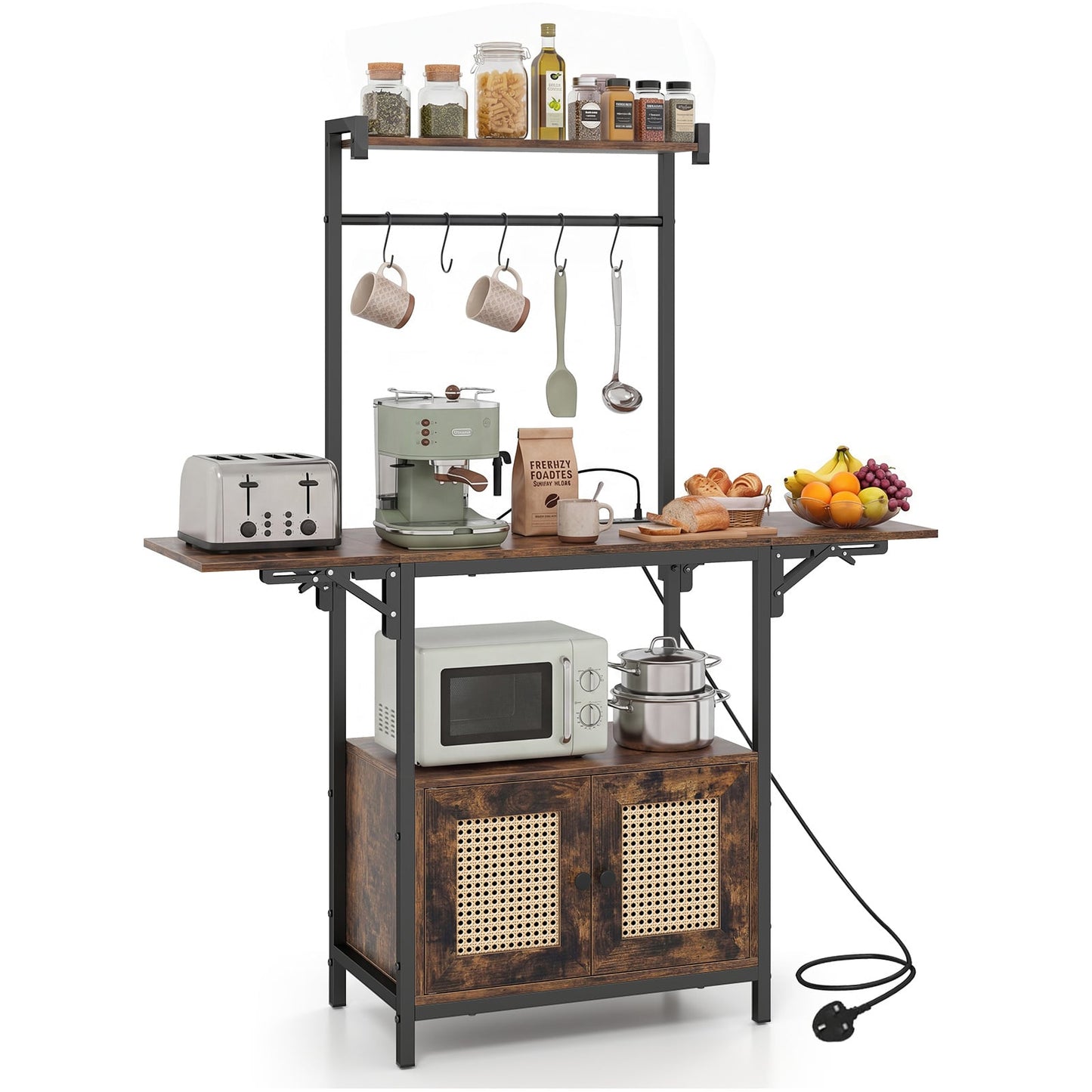 Bakers Rack with Power Outlets and Microwave Stand Drop Leaf-Rusticbrown