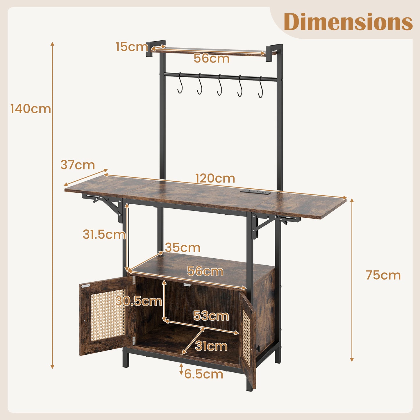 Bakers Rack with Power Outlets and Microwave Stand Drop Leaf-Rusticbrown