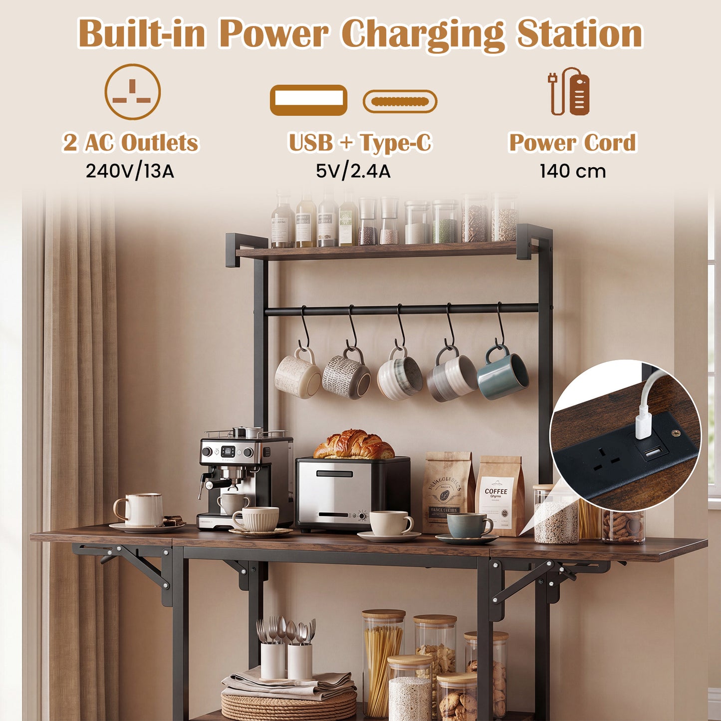 Bakers Rack with Power Outlets and Microwave Stand Drop Leaf-Rusticbrown