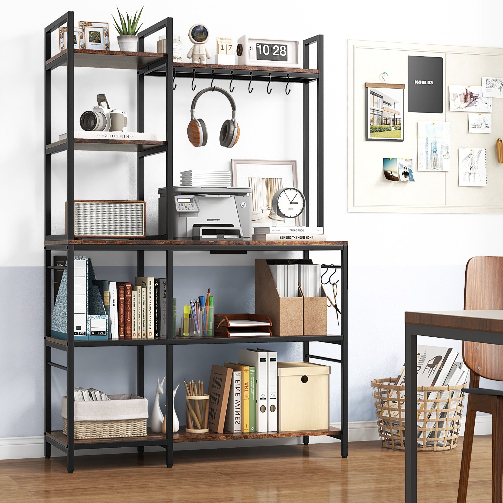 Bakers Rack with Power Outlets and 10 S-Shaped Hooks-Coffee